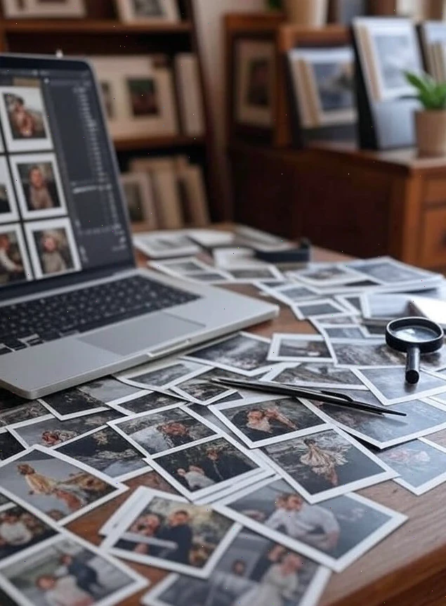 Pracovný stôl s laptopom, rozloženými starými fotografiami a lupou na pozadí regálu s rámami