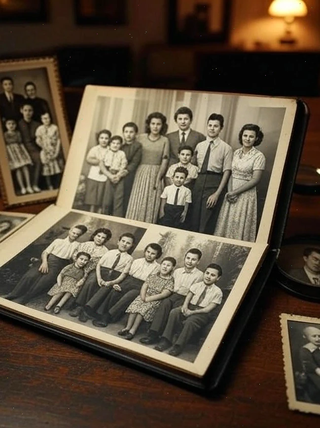 Otvorený fotoalbum s čiernobielymi rodinnými fotografiami na stole s inými rámami v pozadí