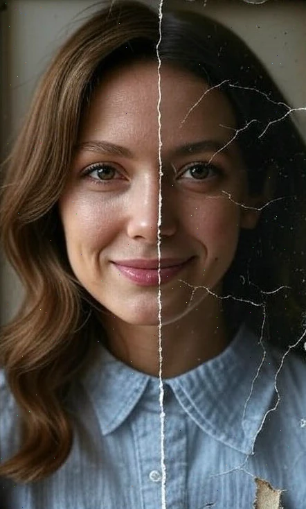 Fotografia ženy v modrej košeli s prasklinami na tvári, ktorá vyzerá ako stará poškodená fotografia