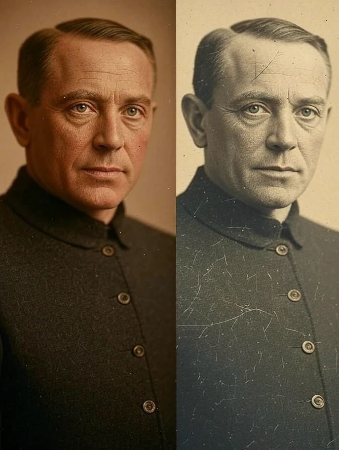 Fotografia muža v tmavom saku, vedľa poškodenej verzie s prasklinami