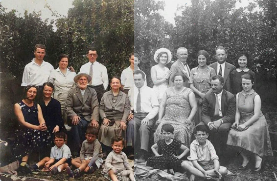 Farebná a čiernobiela verzia veľkej rodinnej fotografie s viacerými ľuďmi sediacimi a stojacimi vonku